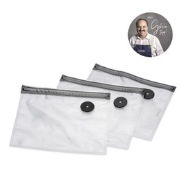 CASO Vacu ZIP-Bags 26 x 23 cm, 20 Bags, SousVide Suitable, BPA-Free, with 150 µm, Extra Strong, Tear-Resistant, Reusable, for Caso (Hand) Vacuum Sealer with Zip Adapter, Includes Food Manager Sticker