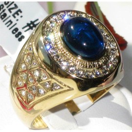 YourJewelleryBox Mens Sapphire Gold Ring CZ Blue Signet Pinky 18kt Steel Oval Chunky Mans TK720 W