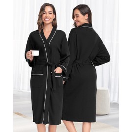 Sopesil Women Waffle Dressing Gowns, Cotton Kimono Robes Soft Luxury Bathrobe Loungewear Sleepwear Spa and Hotel for All Year A-Black,XXL
