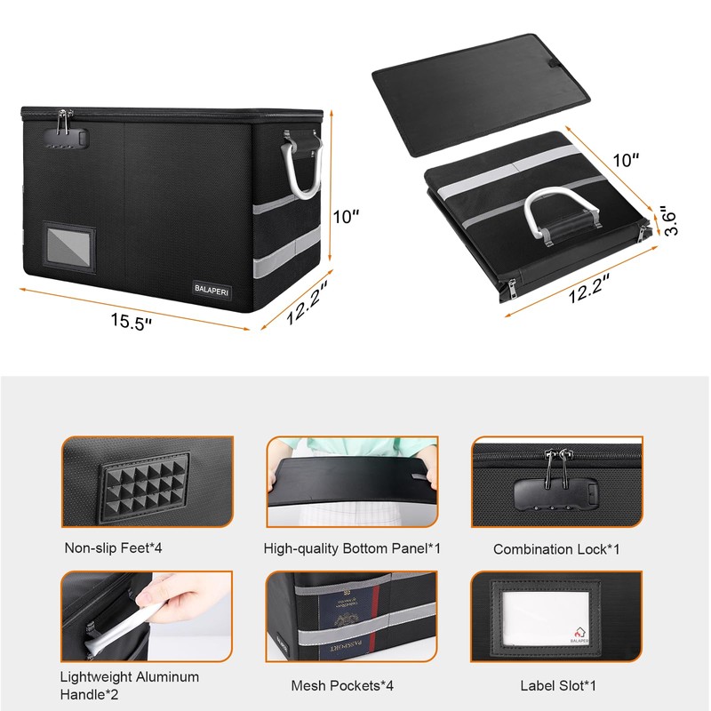 BALAPERI Fireproof Document Box with Lock, Portable File Box with
