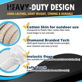 PerkHomy Cotton Rope 3/16" (5mm) 200 ft Multi Purpose Utility Diamond Braided Cord, Natural Cotton for Clothes Line Camping Crafting Flag Pole, Natural White