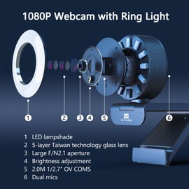 VITADE 960A 1080P FHD Webcam with Ring Light, Streaming Webcam for PC with Dual Microphone, Fast AutoFocus, H.264 Sharp Image, Plug and Play, USB Web Camera for Zoom Meeting Skype Teams Twitch