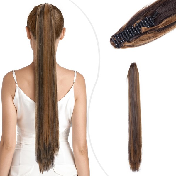 66 cm Ponytail Clip-In Ponytail Extensions, Long Straight Hairpiece Clip, Synthetic Hair, Hair Braid Hair Extension, Fake Ponytail, 150 g, # Dark Brown/Sandy Blonde