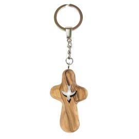 TREE OF LIFE REV. 22:14 Dove Holding Cross Olive Wood Keychain, Catholic & Christian Religious Gift for Men & Women