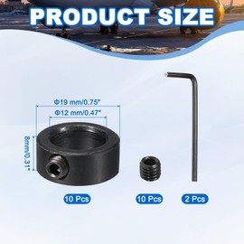 MECCANIXITY Bore 12 mm Shaft Collar 19 mm OD 8 mm Thickness Carbon Steel Landing Gear Stopper Wheel Collar with Set Screw & 2 Hex Wrench for Machine Tools Industry (Black, Pack of 10)