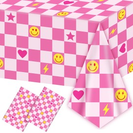 2Pcs Preppy Party Tablecloths Retro Smile Face Lightning Heart Star Table Cover Pink White Checkered Disposable Plastic Tableware for Y2K Groovy Birthday Baby Shower Party Table Decor Supplies