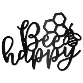 CREATCABIN Bee Happy Metal Wall Art Decor Wall Sculpture Hanging Decoration Sign Iron Outline Wall Art Black Rustic Decor Ornament Wall for Garden Indoor Outside Living Room Home Office 12 x 8.7Inch