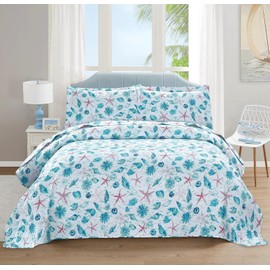 Beach Quilt Set King Size Bedding Coastal Summer Bedspread Ocean Quilts Lightweight Reversible Coverlet Set Starfish Coral Home Quilts Collection(1 Quilt +2 Pillow Shams,Blue)