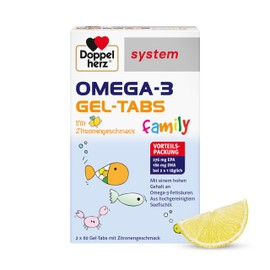 Doppelherz system OMEGA-3 Family Gel Tabs - Contains 180 mg DHA, a Building Block of the Brain, as a Daily Serving (2 Gel Tabs) - 120 Tablets
