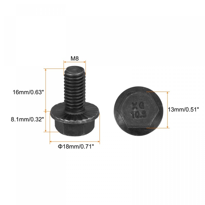 sourcing map M8-1.25x16mm Hex Serrated Flange Bolts 10.9 Grade Carbon