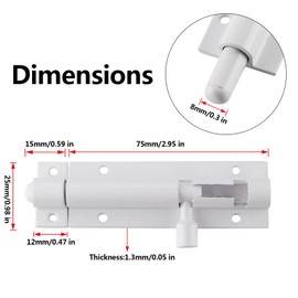BokWin 2Pcs 3 Inch White Solid Aluminium Slide Bolt Latch, Mini Door Barrel Bolts Latches, Solid Aluminium Thickened 1.3mm Security Gate Sliding Latch Lock with 12 Screws
