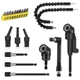 21 Pcs Right Angle Drill Attachment Set Includes 2Pcs Flexible Drill Bit Extension 3Pcs 360° Rotatable 1/4 3/8 1/2" Impact Grade Socket Adapter 3Pcs Drill Bit Holder 10 Short Screwdriver Bits