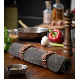 Angus Stoke Knife Roll Bag of genuine buffalo Leather – Handcrafted Chef`s Knife Roll Storage Bag/Case 7 slots – Sean (Olive-Green/Brown)