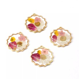 4PCS Gold Tone Dry Pressed Flower Resin Flower Edge Round Charm Pendant GYX2107