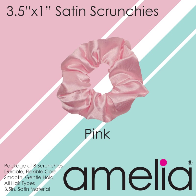 Eight (8), Pink, Soft Satin Scrunchies.