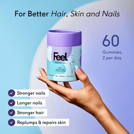 FEEL Beauty Gummies, Edible Hyaluronic Acid, Promotes Healthy Hair, Beautiful Skin, and Nail Support, (60 Gummies)