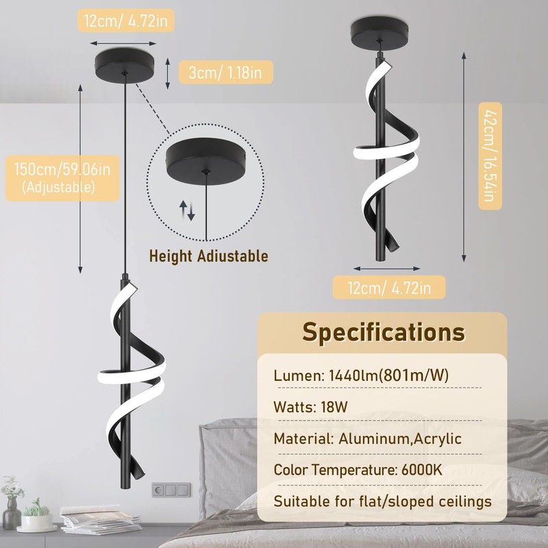 Vloitgol Spiral Led Pendant Light Fixtures, 5500K Cold White Modern