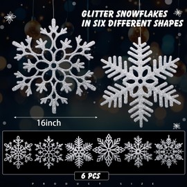Sratte 16 Inch Large Snowflake Ornaments Giant Glitter Decorative Hanging Snowflakes 6 Designs Christmas Decorative Hanging Ornaments Winter Window Decor Snowflakes with Nylon Thread(Silver,6 Pcs)