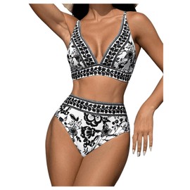 Floerns - Conjunto de bikini de 2 piezas con estampado floral bohemio y cuello en V para mujer, negro y blanco, X-Large