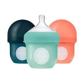 Boon NURSH Reusable Silicone Baby Bottles with Collapsible Silicone Pouch Design — Everyday Baby Essentials — 3 Count — Stage 1 Slow Flow — 4 Oz — Mint