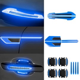 Xotic Tech Car Side Door Marker Rearview Mirror Edge & Door Handle Protector Guard Cover Warning Sticker Set, Carbon Fiber Pattern w/Reflective Safety Strip (Blue)