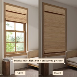 LUCKUP Cordless Bamboo Roman Blinds Shades for Indoor Windows-Blackout Room Darkening Roman Blinds with 6" Valance Cover Enhanced Privacy, 40" W x 64" H
