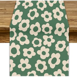 Boho 70s Flower Table Runner, Abstract Groovy Retro Sage Green Daisy Flower Modern Beige Geometric Print Table Runner for Holiday Decor Kitchen Dining Table, 13x60inch
