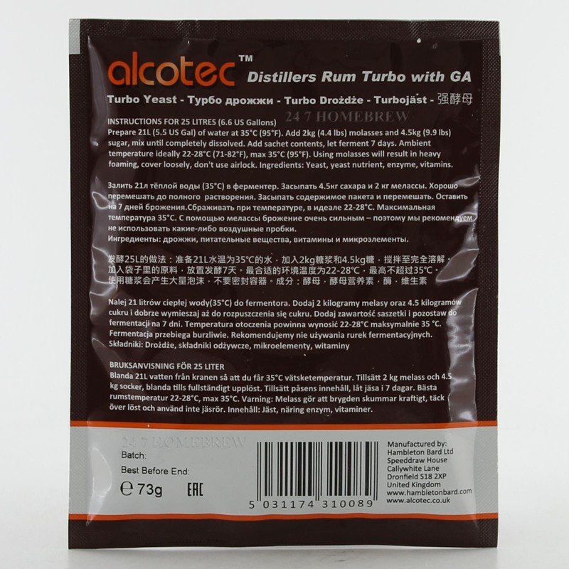 2x Alcotec Distiller’s Yeast Rum with Glucoamylase Enzyme 73g 25L