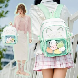 ZingZaak Kawaii Cat Ita Bag,Pin Purse,Pin Display Backpack Bag with Insert,For Daily Use and Cosplay,Gift for girls(green-white, Small)