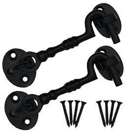Heavy Duty Black Cabin Hook and Eye 100 mm/4 Inch Cast Iron Fancy Cabin Hook & Eye Silent Door Catch Latch Holder with Screws Cabin Hook for Shed Gate Latch 2 Pack.