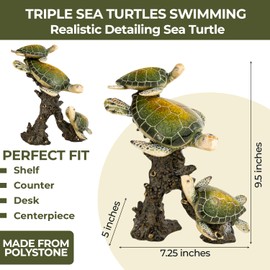 Sea Turtle Statue Triple Turtles Swimming on a Coral Reef Base Sea Coral Decor for Home Tabletop Collection (Green)