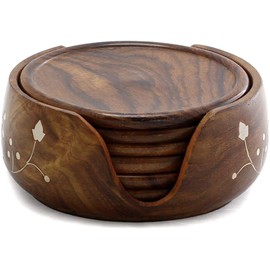 Handicrafts Handmade Wooden Lotus Tea Coaster with Half Barrel Shape Stand (3.5 Inch) - Set of 6 Coasters