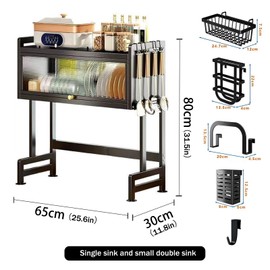 ALSO GO Kitchen Above Sink Countertop Dustproof Dish Storage Rack with Cabinet Door and Hooks, Multifunctional Kitchen Storage and Organizer for Drying Dishes, Glasses, Bowls, and Utensils, Black