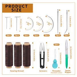 Ftyiwu 3 Rolls Sewing Threads, Thread for Sewing Hair 110 Yard, Hair Extension Thread with 29Pcs I/J/T/C Needles, Sew in Needle and Thread for Hair Wig Making (Dark Brown)