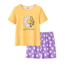 UNICABBIT21 Yellow and Purple Butterfly Flying Around The Daisy Pajamas for Teen Girls Summer Cool Sleepwear Clothes Outfit Set Size 16