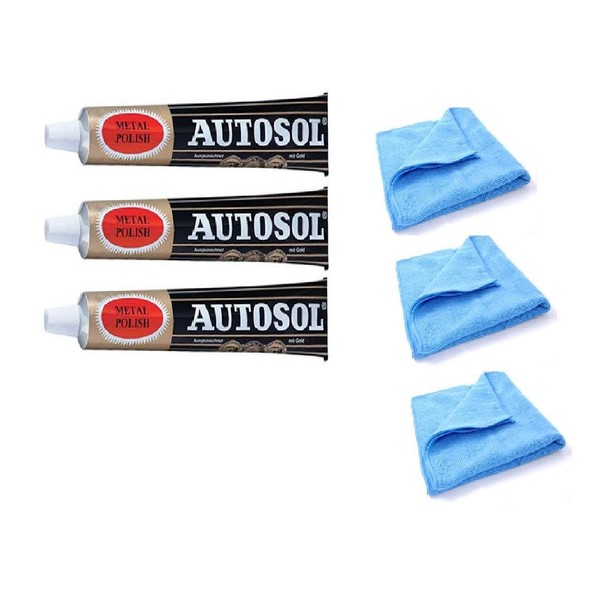 Solvol Autosol Metal Polish and Microfibre Cleaning Cloth for Chrome and Aluminium 3 x 75ml Tubes