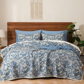 PHF Floral Patchwork Quilt Set Queen Size, 3 Pieces Reversible Lightweight Quilted Bespread for All Season, Ultra Soft Boho Coverlet Bedding Set 90" x 96"with 2 Pillow Shams, Cornflower