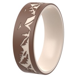 ThunderFit Silicone Wedding Ring Unisex, Laser Printed Design 9mm Wide 2mm Thick (Mountains-Light Coffee-Brown - Size 7.5-8 (18.2mm))