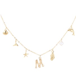 Mikovivi Initial A-Z Shell Letter Necklace, 17.72in Gold Letter Seashell Necklace Pendants Jewelry Beach Charm Necklace Birthday Anniversary Presents for Women Girls(M)