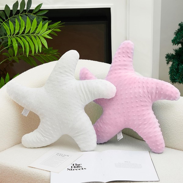 2 Pcs Starfish Pillow Cute Beach Pillow 20'' Star Fish Shaped Throw Pillows Plush Beach Room Decor Decorative Ocean Star Stuffed Toy Animal Plush Cushion for Kid Bedroom Living Room (White, Pink)