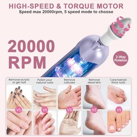 Karrong Kit profesional de manicura y pedicura, taladro eléctrico inalámbrico 9 en 1 con 100 brocas y bandas de lijado, amoladora de uñas para uso hum