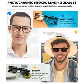 OCCI CHIARI Photochromic Bifocal Sunglasses Readers Mens,Transition Square UV Protection Reading Glasses 1.0 1.5 2.0 2.5 3.0 3.5 4.0(Black +200)