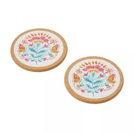 Pioneer Woman Cork Coasters Folk Geo 6Pc Set White Coral Floral Butterflies New