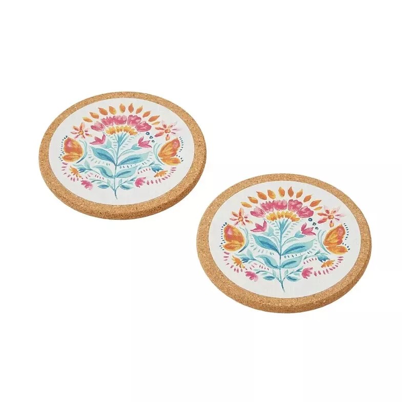 Pioneer Woman Cork Coasters Folk Geo 6Pc Set White Coral