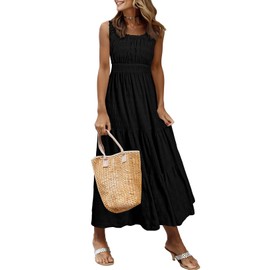 AlvaQ Sleeveless Dresses for Women Summer Casual Round Neck Smocked Elastic Waist Tiered Flowy Midi Dress Plus Size Black X-Large