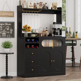 FACBOTALL Kitchen Pantry Storage Cabinet with Hutch, Buffet Cabinet with Storage, Coffee Bar Cabinet with Power Outlets, Microwave Stand, Wine Racks, Kitchen Cupboard for Dining & Living Room, Black