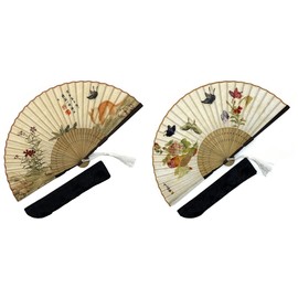 Eastern Wind Pack of 2 Silk Fan Hand Fans with Gift Bag Bamboo Fan Butterfly and Cat
