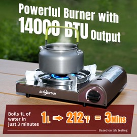 SHINESTAR 14000 BTU Butane Camping Stove, Portable Butane Stove with Brass Burner, One-Touch Piezo Ignition, Magnetic Safety Lock & Double Wind-Guard, Portable Gas Stove for Camping, RV, Emergencies
