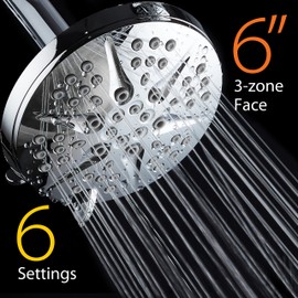 HOTEL SPA - Shower Head High Pressure - 6 Inch Rain Shower Head, 6-Setting - Notilus Showerhead with Brass Metal Connection Nut, Angle-Adjustable Ball Joint, Touch Clean Jets, Showerspa (Chrome)