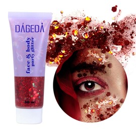 DAGEDA Body Glitter Gel, Face Glitters Body Gel Sequins Shimmer Liquid Eyeshadow, Chunky Glitter for Face Hair Nails, Holographic Cosmetic Laser Powder Festival Glitter Makeup 50ml(Red)